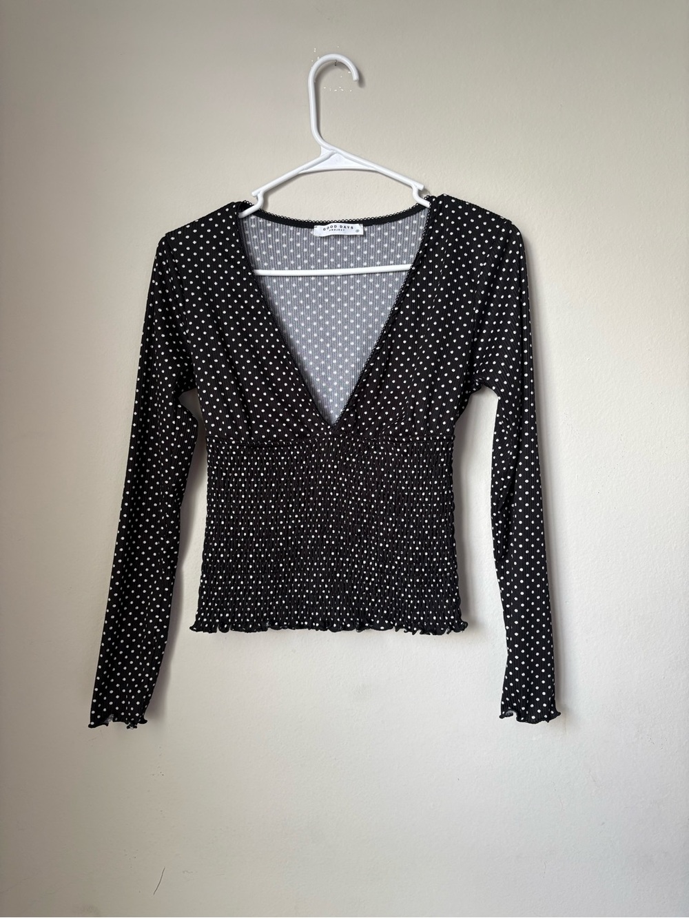 Good Days Project Black White Polka Dot Smocked Mesh Top S